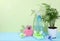 Colored sponges for washing dishes and cleaning, orchid flowers, bottle of cleaning agent in a sunny room with palm tree and long