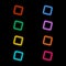 Colored squares with a neon glow on a black background.