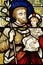 Colored stained leadlight church window Joseph holding baby Christ Jesus
