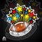 Colored stars fly out from american football ball. Sport logo