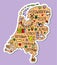 Colored Sticker of Hand drawn doodle Netherland map. Holland city names lettering and cartoon landmarks, tourist