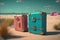 Colored suitcases on the beach. AI generative