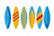 Colored surfboards.Surfing set, surfing summer water sports, board for wave riders and athletes, bright color.