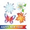 Colored symbols of new year. Snowflake,flower,butterfly,maple le