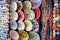 Colored Tajine, plates and pots out of clay on the market in Morocco