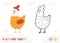 Colored template and simple colorless contour image of cartoony chicken for the youngest children