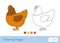 Colored template and simple colorless thick contour image of staying chicken for the youngest children coloring book.