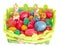 Colored traditional Easter eggs, chicken and quails, basket with