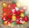 Colored traditional painted easter eggs in a brown basket