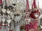 Colored traditional suspended cloth hearts in a market in Germany.