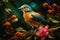 Colored tropical bird and beautiful surreal flowers. Generative AI