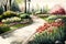 Colored tulips flower beds and stone path in spring