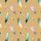 Colored turquoise yellow cute feathers seamless pattern on a yellow background. Textural watercolor digital art. Print for fabrics