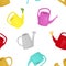 Colored watering cans. Seamless pattern.