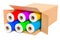 Colored wrapping plastic stretch films in cardboard box, 3D rend