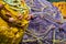 Colored yellow and purple fishing nets