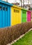 Colorfful booths in a city park. View from the back. Rapprochement.