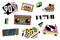 Colorful 80s and 90s sticker set - retro boombox, record player, cassette tape