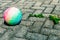 Colorful, abandoned voleyball on rough old pavement