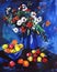 Colorful Abstract Acrylic Painting Flowers Blue Vase Fruit Bowl Still Life Art Print