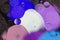 Colorful abstract background. Purple, blue circles and oil bubbles in the water closeup. Macro abstraction.
