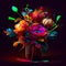 Colorful abstract flowers in vase vibrant bright colors dark background