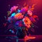 Colorful abstract flowers in vase vibrant bright colors dark background
