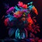 Colorful abstract flowers in vase vibrant bright colors dark background