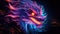 Colorful abstract neon dragons head with fiery eyes, art illustration on dark background