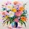 Colorful Abstract Oil Painting Of Flowers In A Vase