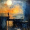 Colorful Abstract Painting Of A Man On The Dock At Sunset