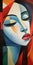 Colorful Abstract Painting Of A Woman\\\'s Face In Neocubist Style