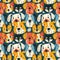 Colorful, abstract seamless pattern with a variety of playful dogs.