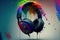 Colorful abstract splash explosion of paint over headphones.