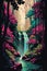 Colorful abstract waterfall in the forest, Generative AI