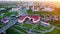 Colorful aerial footage of Grodno old city with a bridge over the Neman River, Belarus