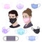 Colorful air pollution face masks set, man and woman wearing medical mask