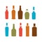 Colorful alcoholic bottles and glass silhouttes vector illustration set