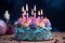 Colorful ambiance a birthday cake adorned with a flickering candle