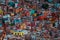 Colorful ancient American cathedral architecture in crowd, Guanajuato, Mexico