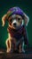 Colorful Animation: Small Puppy Wearing Green and Purple Bandana.