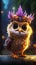 Colorful Animation Stills: Small Owl with Purple and Yellow Feathery Crown.