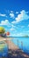 Colorful Anime Art: Dock, Trees, Clouds, And The Sea