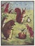 Colorful antique illustration shows an animal family - hedgehog, squirrel, frog on the meadow. Vintage drawing shows an