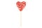 Colorful appetizing lollipop isolated on white background with clipping path. Heart shaped red sweet lollipop hard candy on a