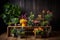 a colorful arrangement of potted plants, on a wooden table