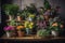 a colorful arrangement of potted plants, on a wooden table