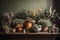 a colorful arrangement of potted plants, on a wooden table