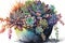 colorful arrangement of succulent plants in watercolor vase