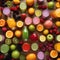 A colorful array of fresh fruit juices in glass bottles2